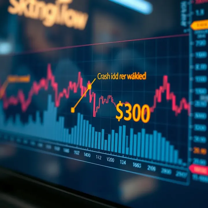 Graph showing a sharp decline in stock market index values with highlighted points indicating causes of the crash