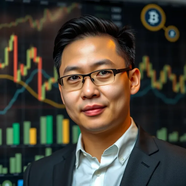 Portrait of Ben Zhou with digital financial graphs and blockchain icons in the background