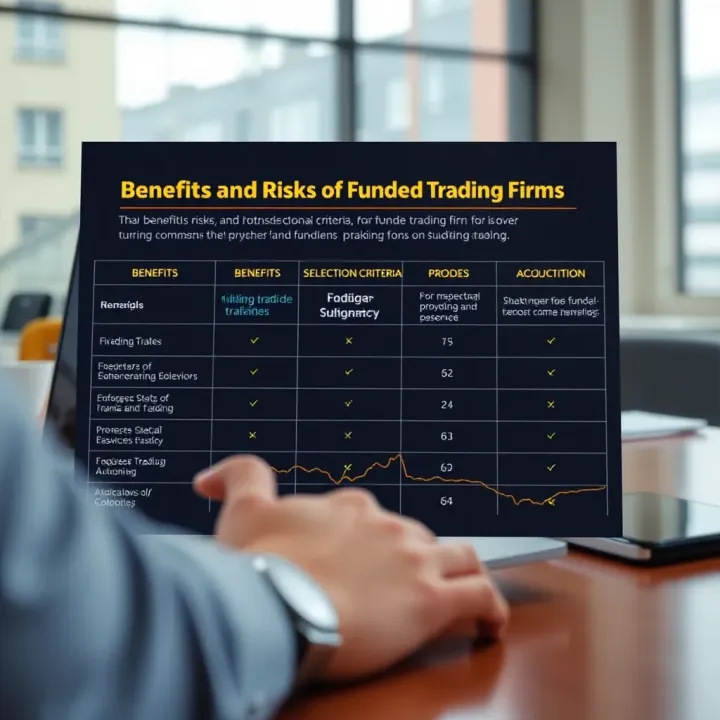 Chart highlighting key benefits, risks, and selection criteria for funded trading firms in Colombia