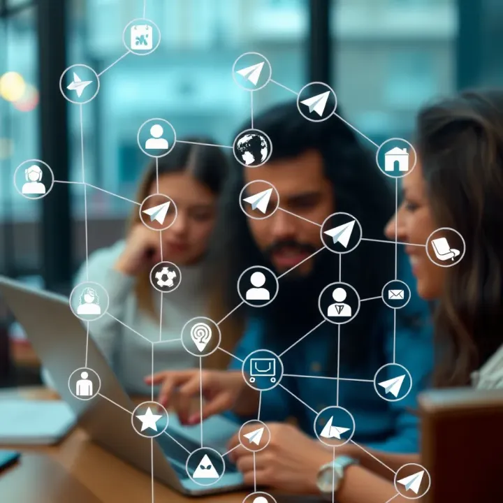 Illustration of diverse topic icons connected by digital lines representing Telegram group interests