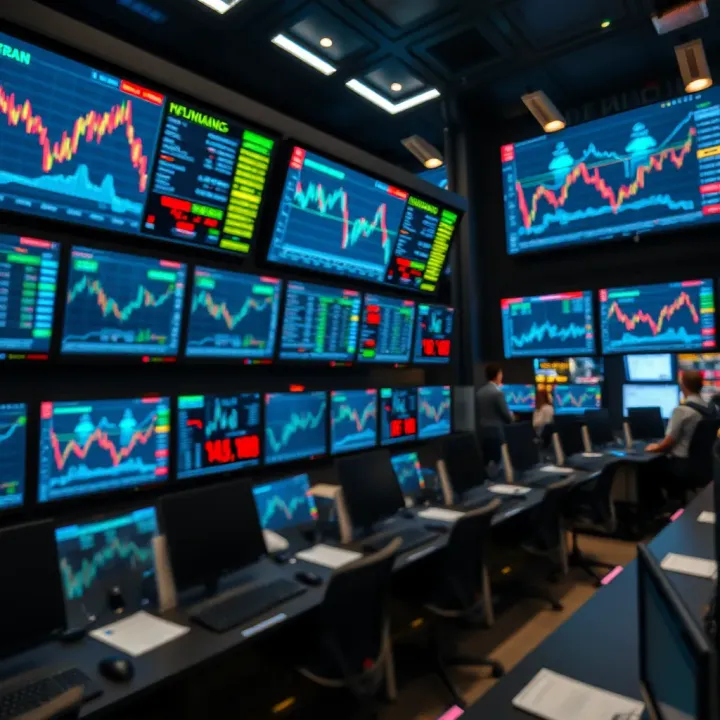 Scene of a financial market trading floor with multiple monitors showing stock charts and market data