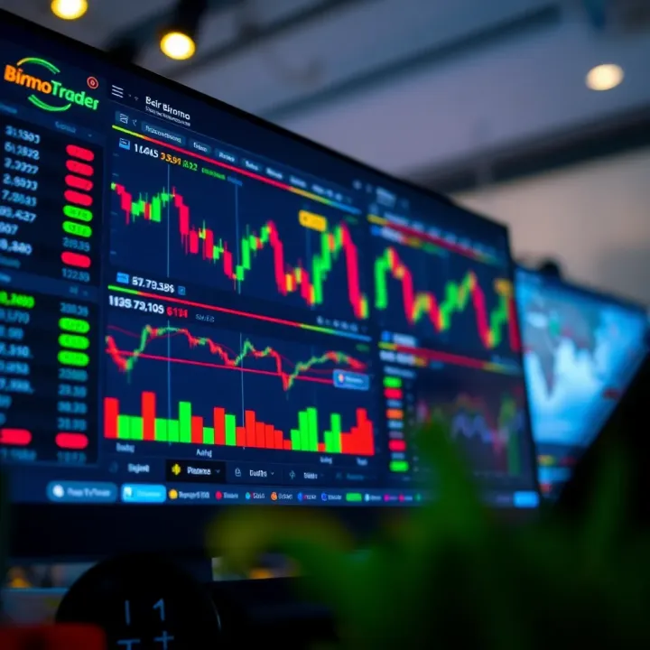 User interface of Binomo trading platform showing various trading options and charts