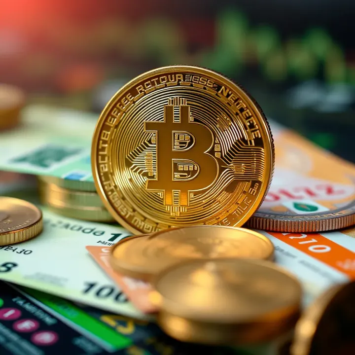 Digital representation of Bitcoin and Colombian currency with regulatory symbols