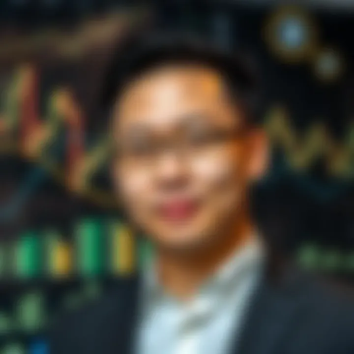 Portrait of Ben Zhou with digital financial graphs and blockchain icons in the background