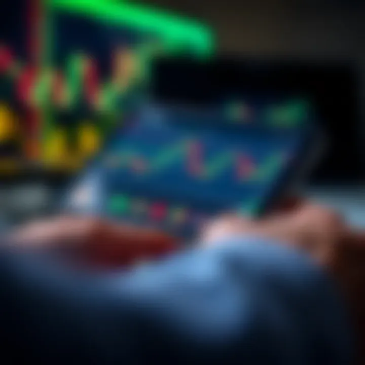 Mobile device displaying a trading application interface with charts and candlestick graphs