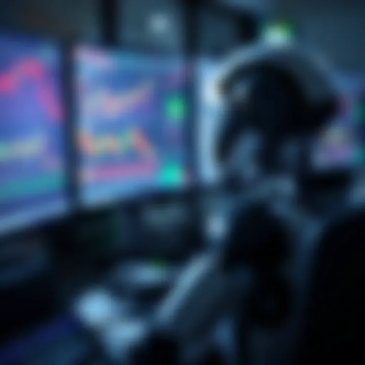 Illustration showing a digital trading bot analyzing stock market charts on multiple computer screens