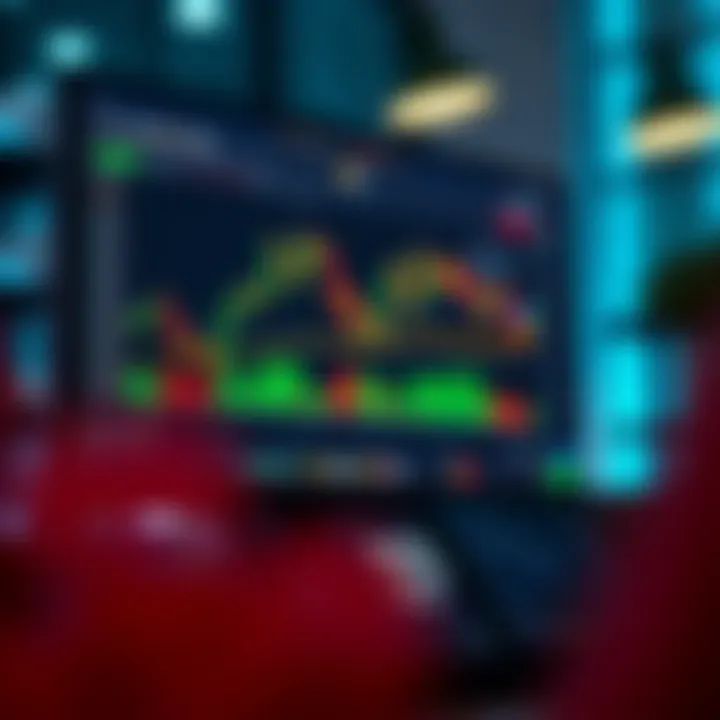 Digital illustration of a computer screen displaying a trading platform with financial charts and virtual funds for practice