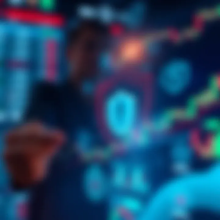 Conceptual illustration of secure online trading with digital charts and protective shield icons