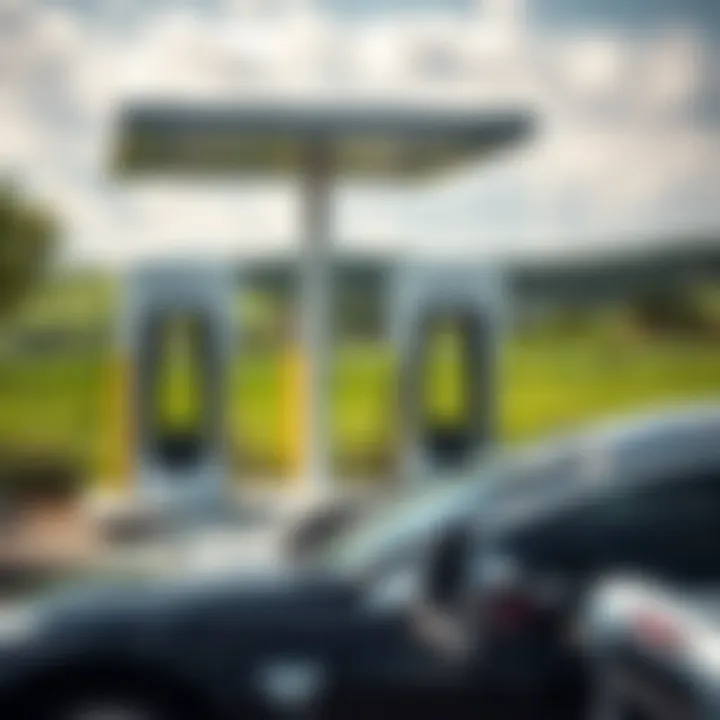 Tesla electric car charging station with green landscape background