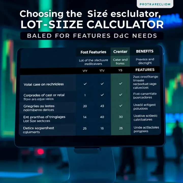 Graphic showing comparison of different lot size calculator tools with benefits and features highlighted