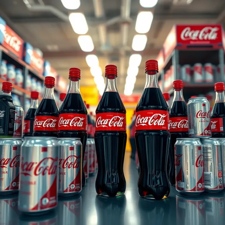 Coca-Cola branded bottles and cans arranged to showcase global distribution strength