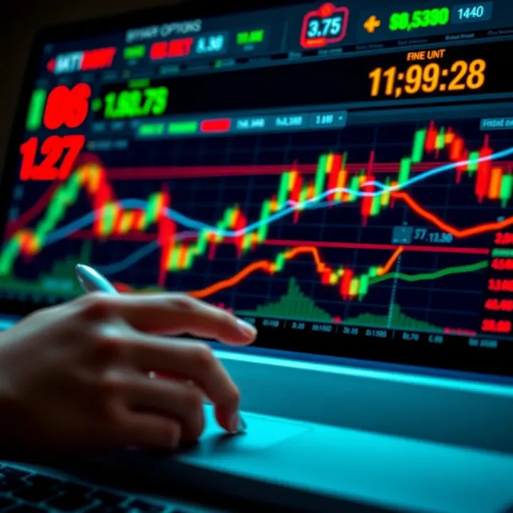 Conceptual illustration depicting binary options trading with financial charts and digital interface elements
