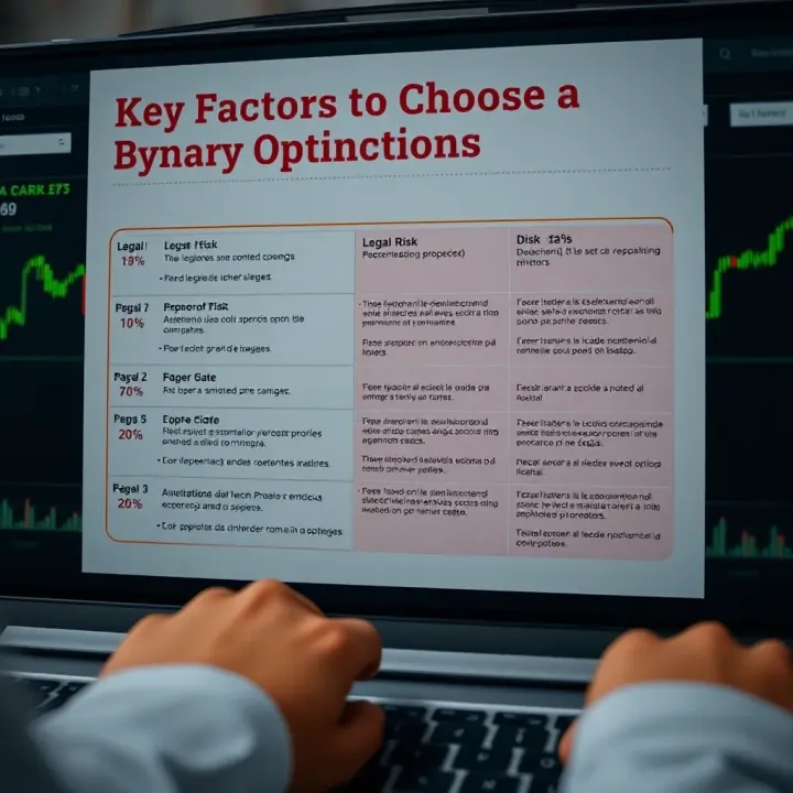 Chart showing criteria to select a reliable binary options broker with legal and risk factors highlighted