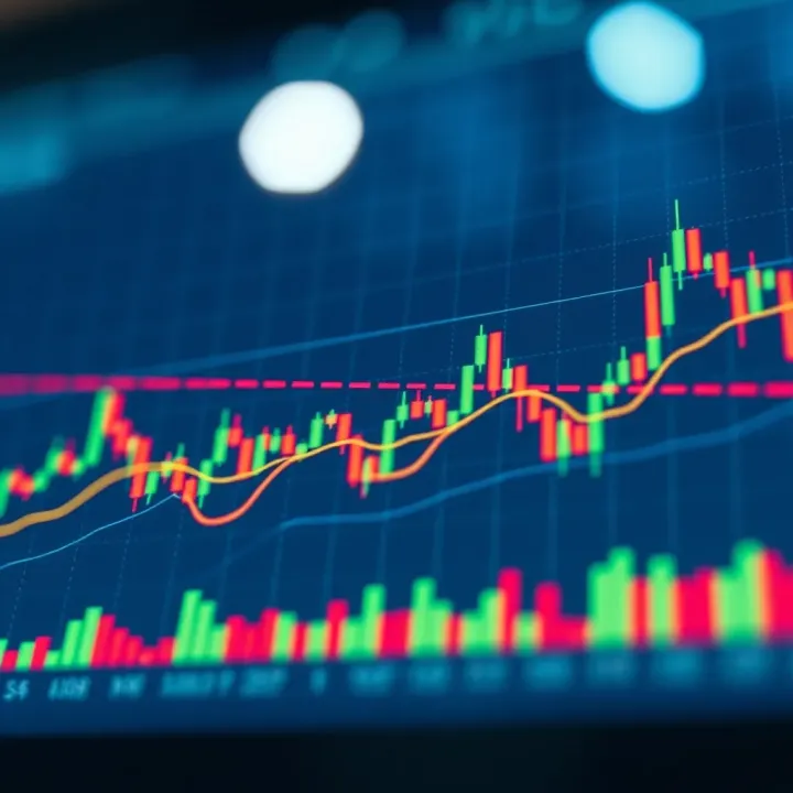 Graph depicting financial market trends with candlestick patterns and indicators