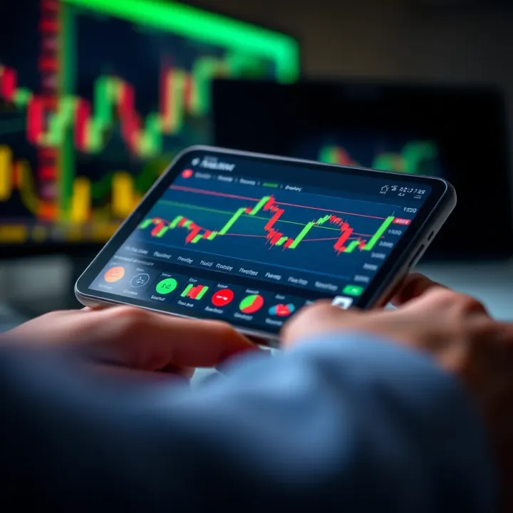 Mobile device displaying a trading application interface with charts and candlestick graphs
