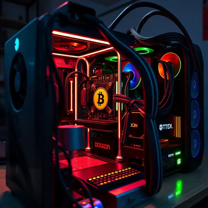 Detailed setup of a computer rig for cryptocurrency mining with multiple graphic cards
