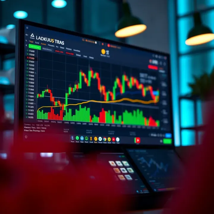 Digital illustration of a computer screen displaying a trading platform with financial charts and virtual funds for practice