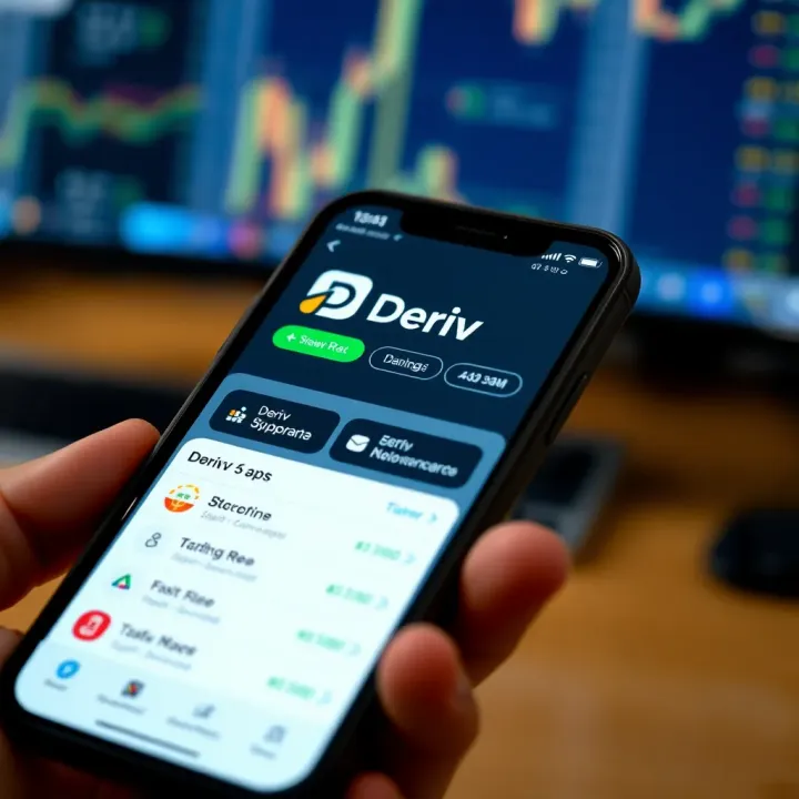 Mobile phone displaying the Deriv app interface with trading options