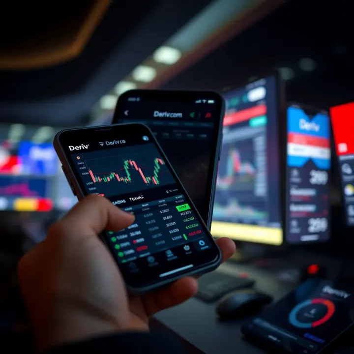 Mobile device displaying Deriv trading platform with various financial market charts