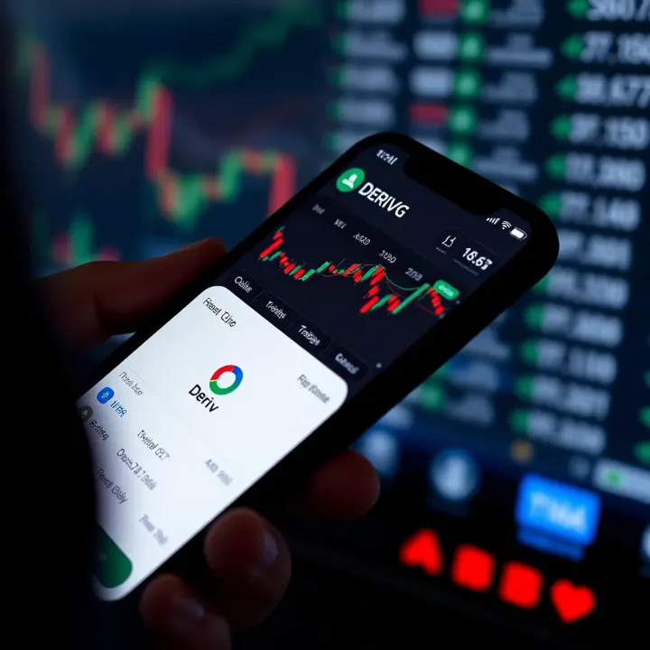 Mobile phone displaying Deriv GO trading app interface with various financial instruments