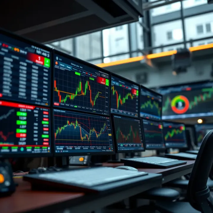 Digital trading platforms showing various asset options and market data on screens