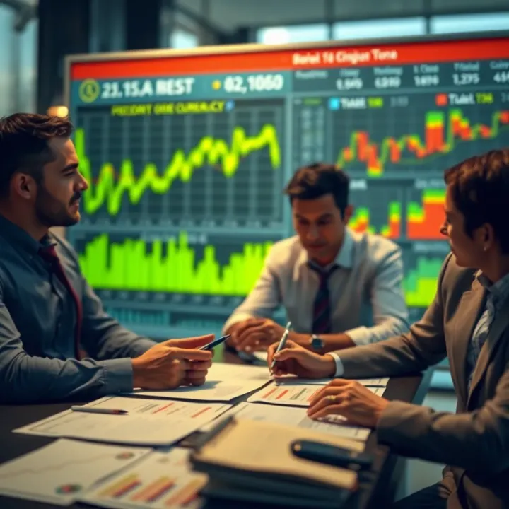 Economists discussing economic factors influencing currency value with charts and data