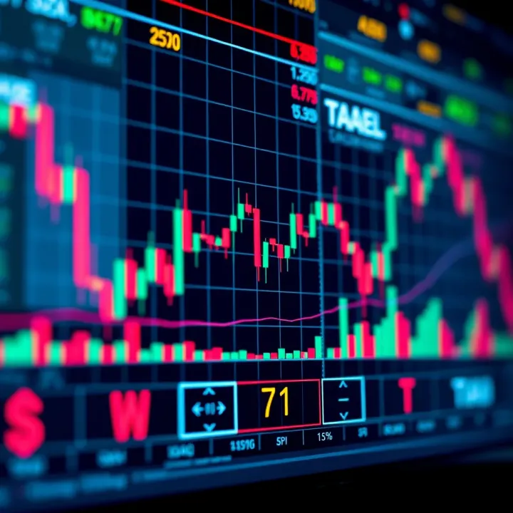 Graph showing financial market trends with trading candlesticks and indicators