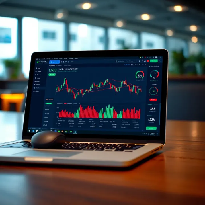 Laptop displaying a trading platform interface with charts and risk management tools