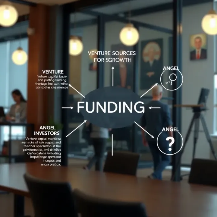 Conceptual diagram showing key sources of funding for startups in early growth stages including venture capital and angel investors