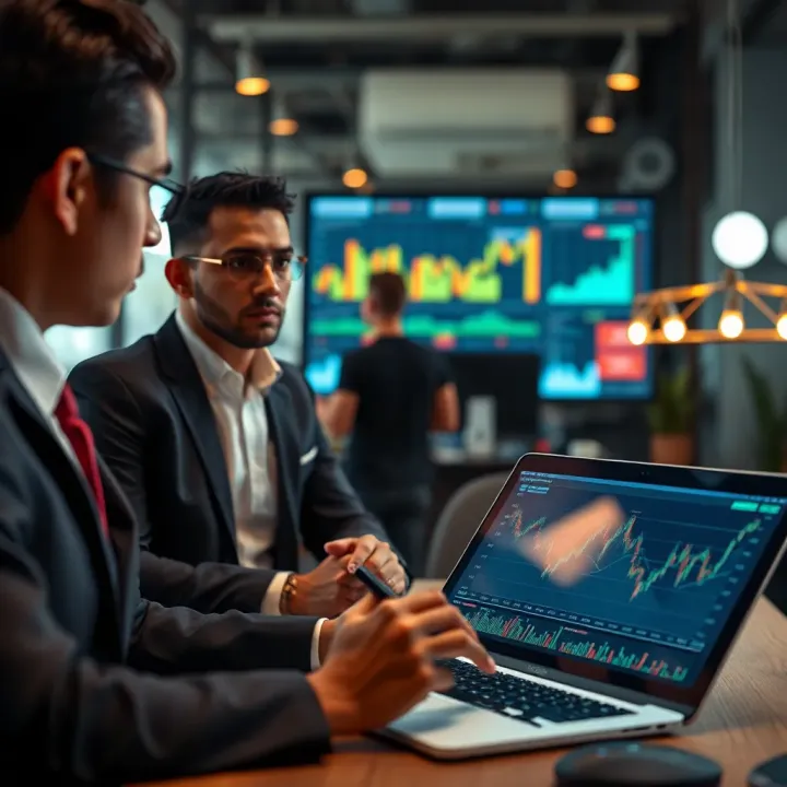 Consultants discussing business growth strategies with digital charts
