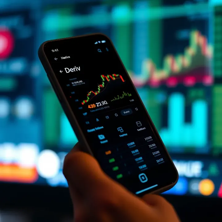 Mobile phone screen displaying the Deriv app interface with financial charts and trading options