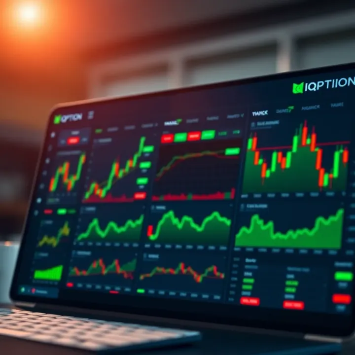Dashboard interface of IQ Option platform showing various trading assets and market charts