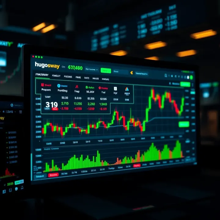 User interface of Hugosway trading platform displaying various financial market options including forex and cryptocurrencies