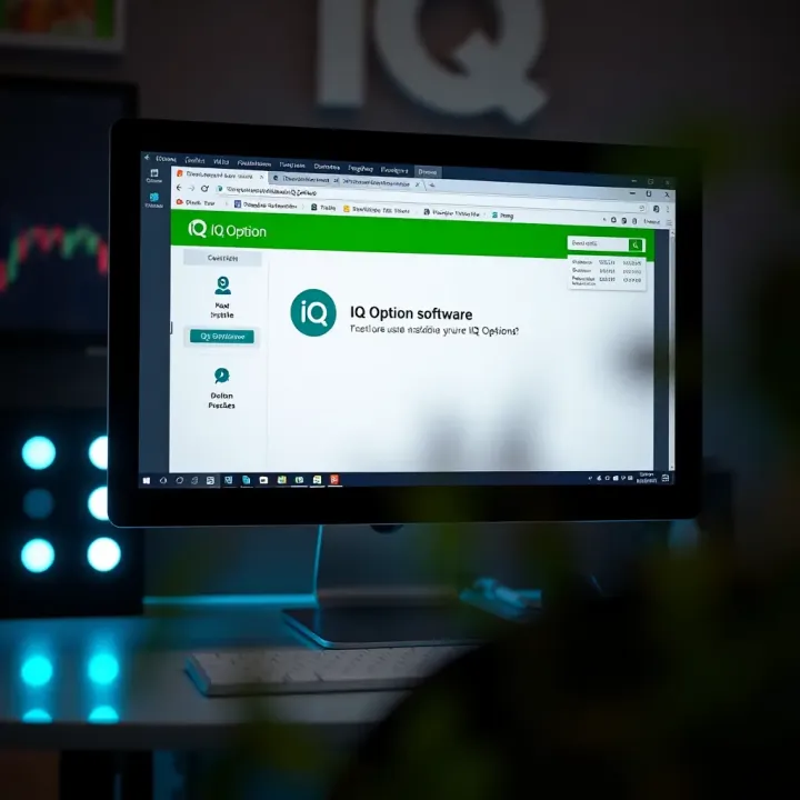 Computer setup showing installation progress of IQ Option software