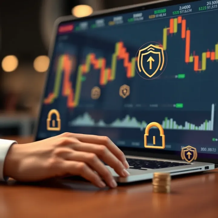 Illustration of secure online trading with legal compliance icons for Colombia