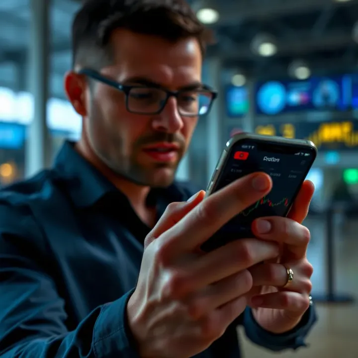 User interacting with smartphone displaying trading options and analytics for secure trading