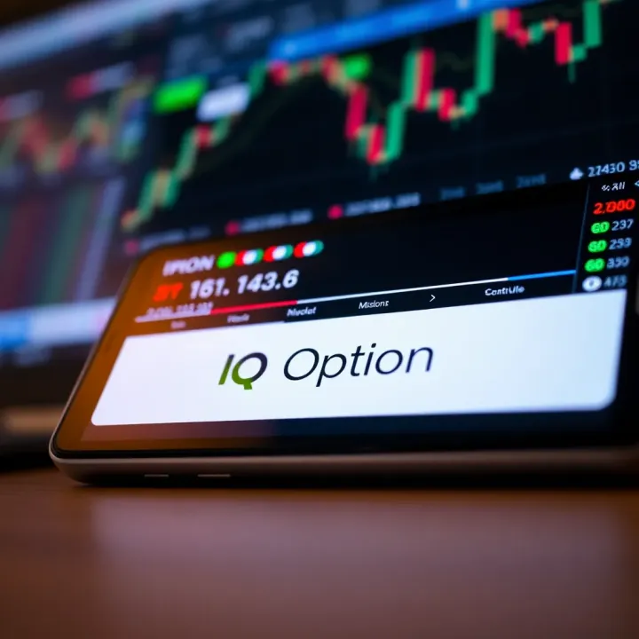Mobile device screen showing IQ Option trading interface with charts and financial data