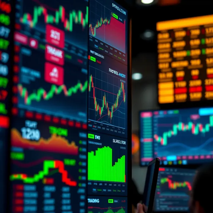 Graph displaying market trends and options trading performance on digital screens