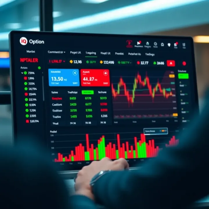 Dashboard overview of IQ Option trading platform showing various asset options and market data