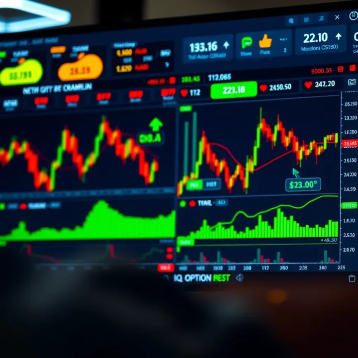 User interface of IQ Option platform showing various trading instruments and charts