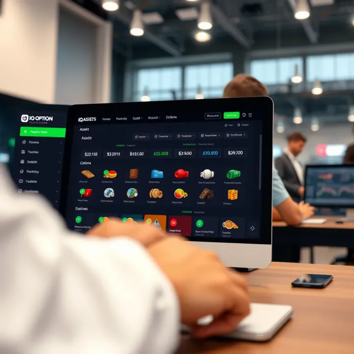 User interface of IQ Option showing various financial assets and trading options