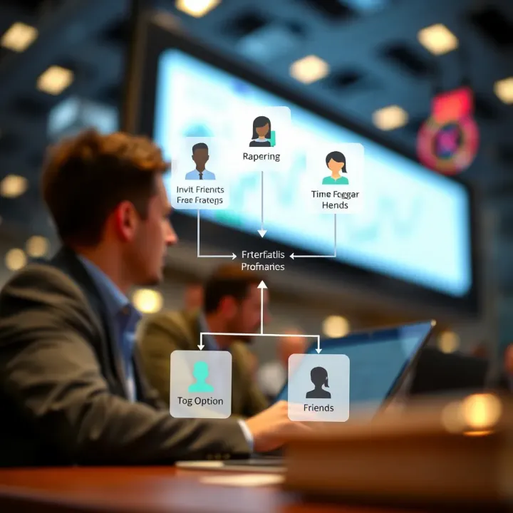 Diagram showing how the referral program works with users inviting friends to join a trading platform