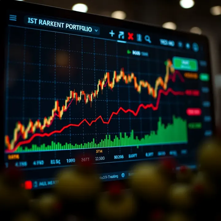 Market Trends and Secure Investment Portfolio on IQ Trading Graph showing upward market trends with investment portfolio details and secure trading features