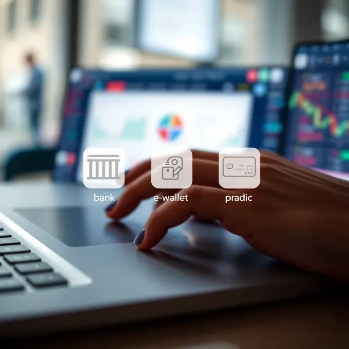Illustration showing multiple withdrawal methods available on a trading platform with icons for bank transfer, e-wallet, and credit card