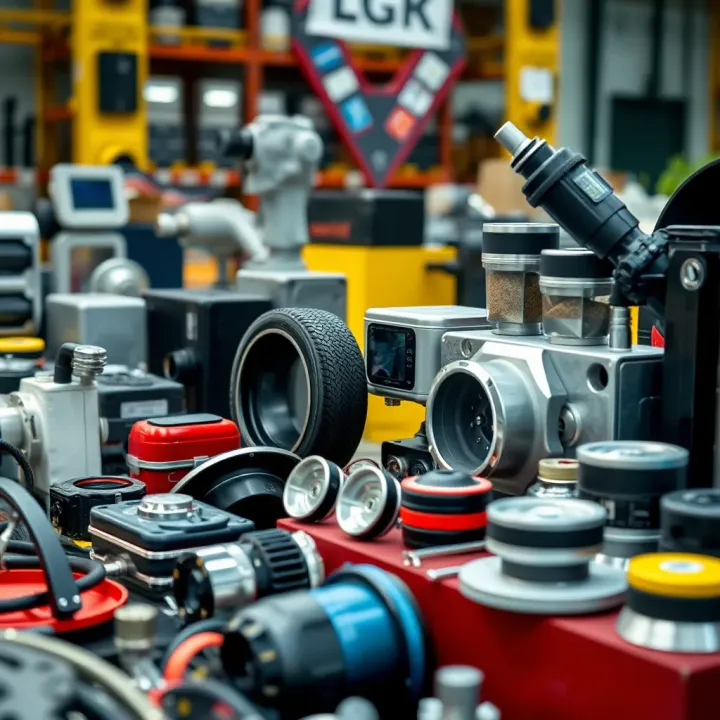 Diverse manufactured products including automotive parts and electronics displayed