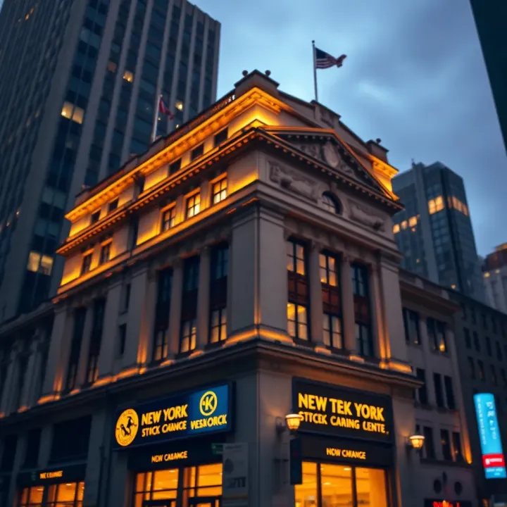 New York Stock Exchange building illuminated at dusk depicting financial market activity