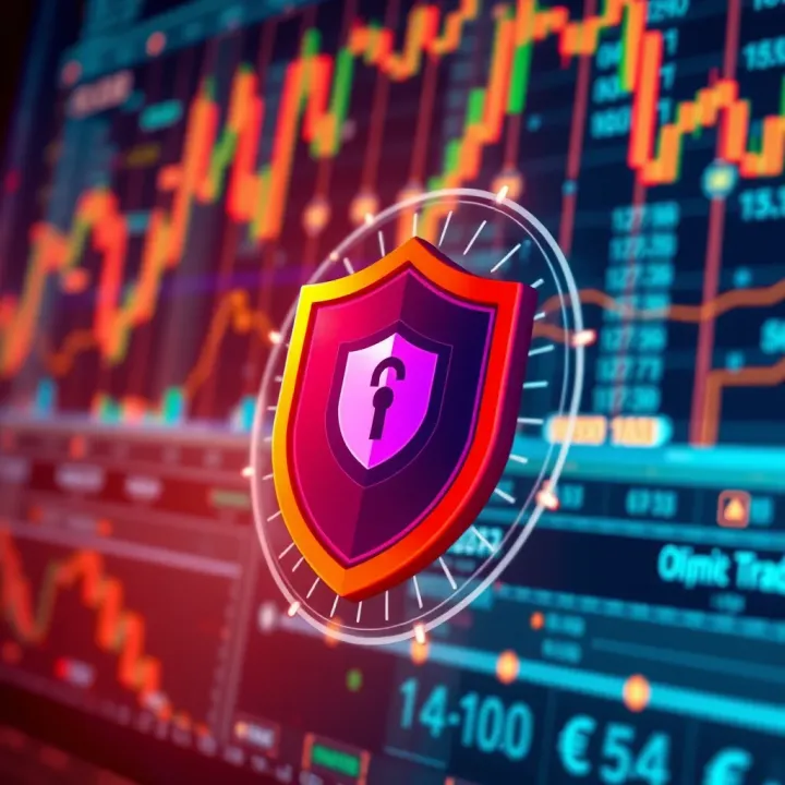 Illustration showing secure online trading with digital shield and currency symbols representing safety and regulation
