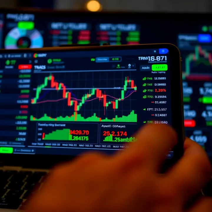 User interface showing trading charts and market data on a mobile device
