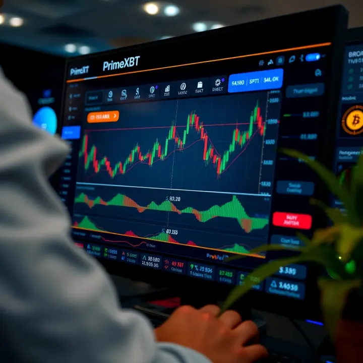 PrimeXBT trading interface showing cryptocurrency and commodity charts with various tools and indicators