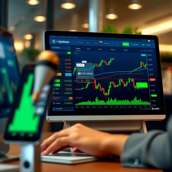 User interface of Qotex trading platform showing binary options and market data